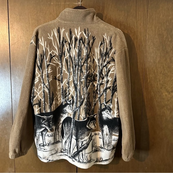 Vintage Women’s Black Wolves Tan Fleece Teddy Zip-Up Jacket Nature Size XL - Picture 8 of 13